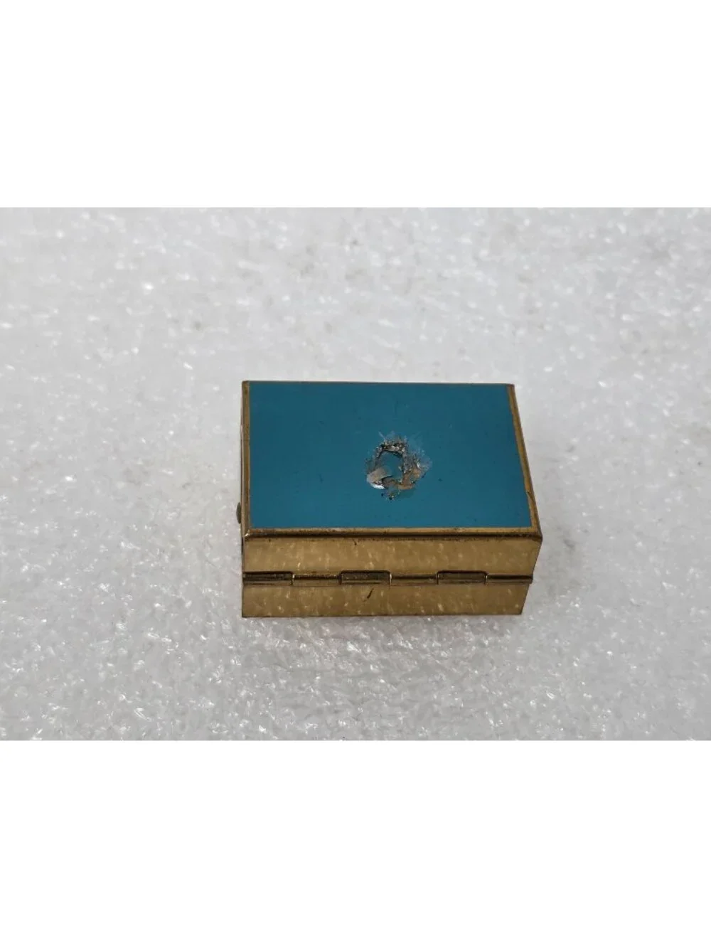 Vintage Gold-Tone Metal Trinket Pill Box With Blue Enamel Lid & Hinged Closure